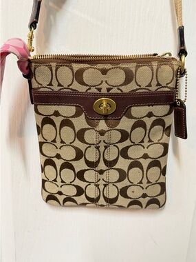 Coach Beige and Brown Signature Crossbody with Gold Hardware